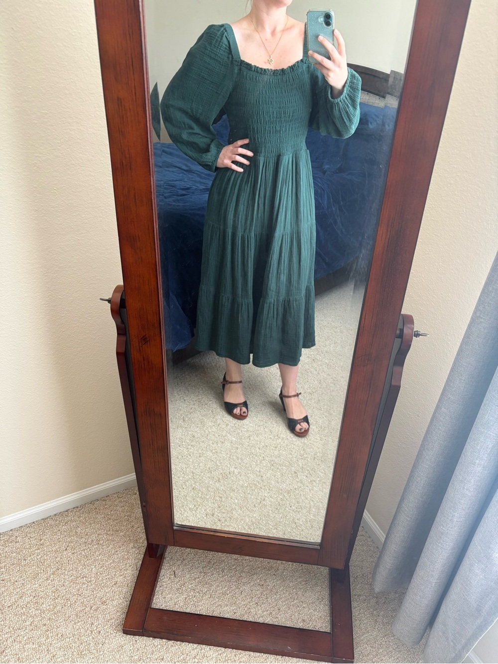 beachlunchlounge Forest Green Smocked Square Neck Midi Dress
